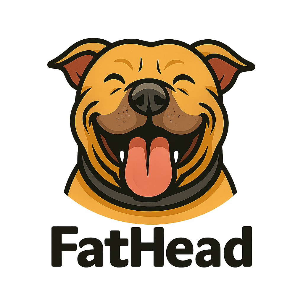 Fathead — Pitbull/Mastiff relaxing on a fluffy bed, smiling with tongue out